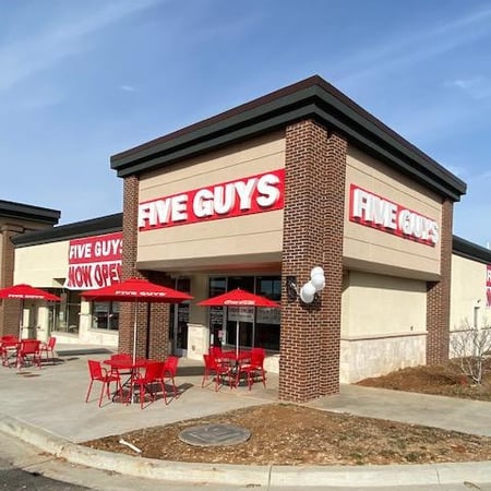 Store front of Five Guys at 172 Cunningham Industrial Pkwy in Belton, MO.