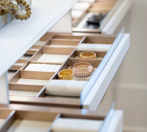 Jewelry drawer with custom jewelry and accessories organization by California Closets Nashville, Tennessee.