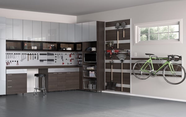 Custom garage cabinets and garage storage systems with slatwall for optimized garage organization