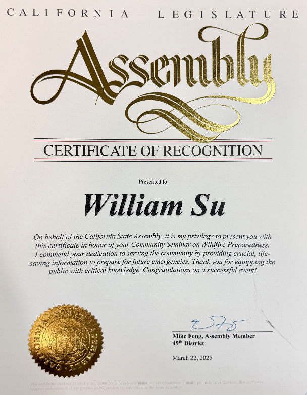 California State Assembly Certificate of Recognition