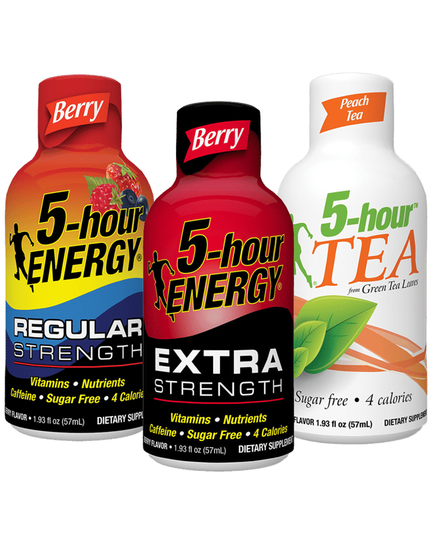 1.93 ounce 5-hour energy regular strength shot, 1.93 ounce 5-hour energy extra strength shot, and 1.93 ounce 5-hour energy Tea shot