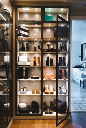 Custom shoe storage shelving with led lighting and glass doors created by California Closets Orange County