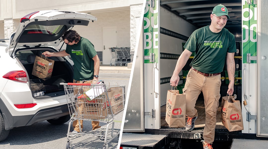 A store associate loading groceries into a customer car
