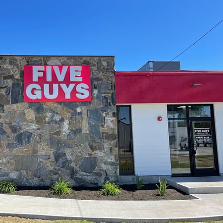 Exterior photo of the Five Guys at 223 Center St. in Auburn, Maine.
