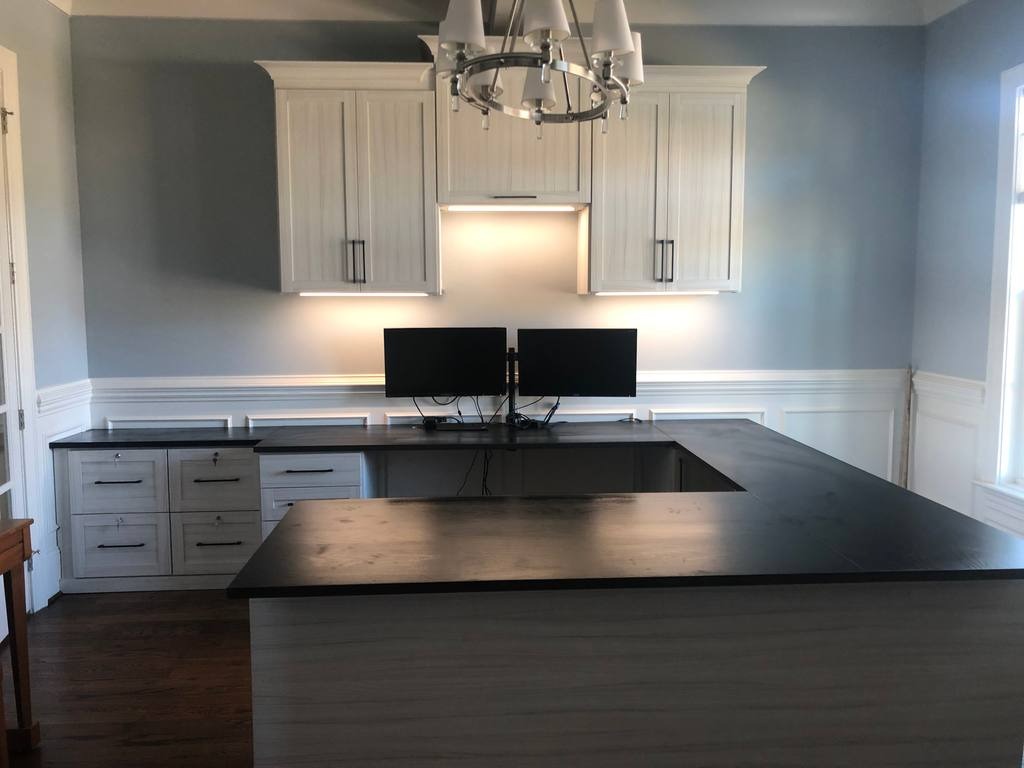 Home office desk with Shadow Black top and Tuscan Moon finish.