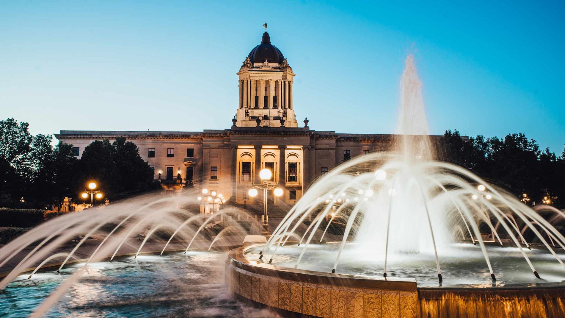 A fountain in front of the Manitoba Legislative Building in Winnipeg