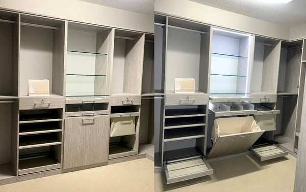 Custom primary closet in Grigio and Sunset Mist with matte aluminum handles.
