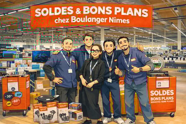Soldes d’hiver 2026 chez Boulanger Nîmes Family Village du 7 janvier au 3 février 2026. Bons plans multimédia et électroménager : TV Samsung LG Sony TCL, smartphones Apple Samsung Xiaomi, ordinateurs HP Asus Lenovo, électroménager Dyson Moulinex Seb Tefal Rowenta Delonghi. Offres et promotions à Nîmes Family Village.