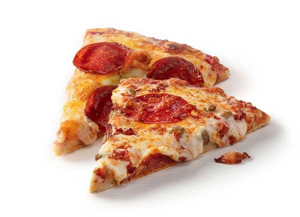 Pepperoni pizza slice and 3 Meat Pizza slice with pepperoni, bacon and sausage