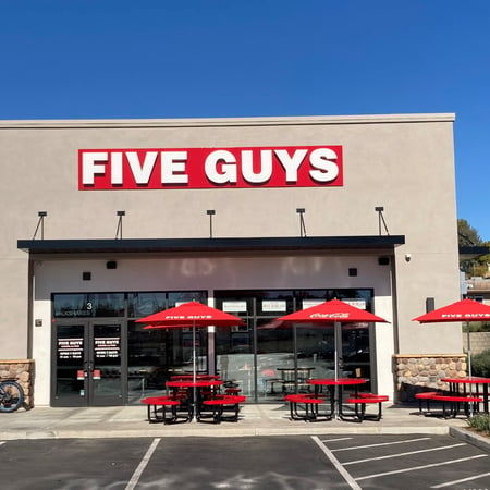 Exterior photograph of the Five Guys at 31495 Yucaipa Blvd. in Yucaipa, California.