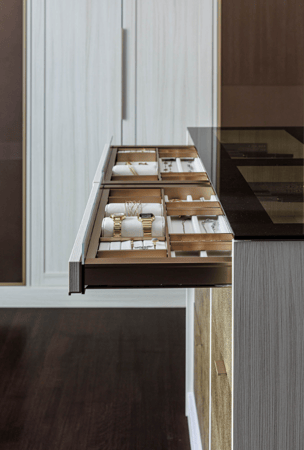 California Closets Westchester NY Full Room Walk-in Closet Center Island Jewelry Drawers Clear Bronzed Countertops