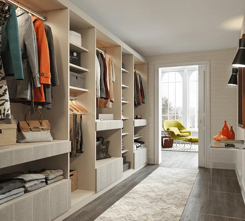 Hallway Reach- In Closet with organized clothes and accessories