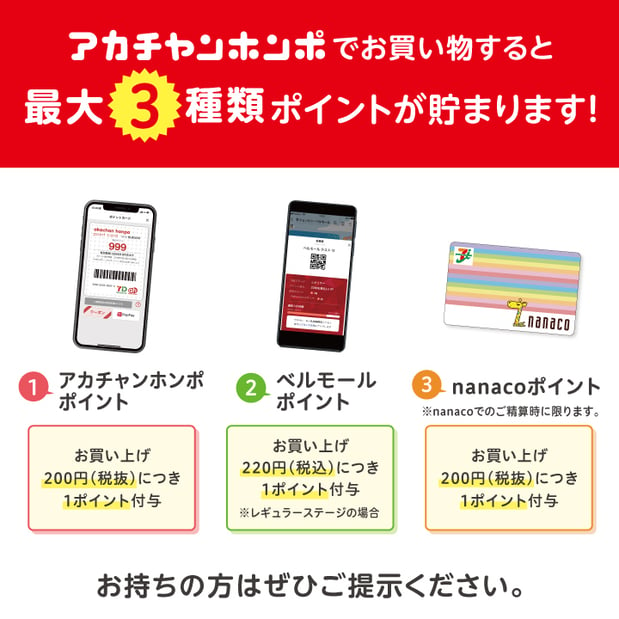 アカチャンホンポでお買い物すると、
①アカチャンホンポポイント
②ベルモールポイント
③nanacoポイント
の3つのポイントが貯まります♪