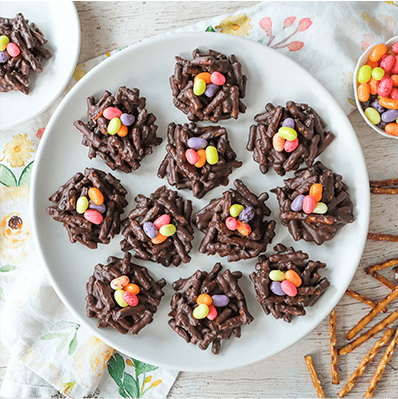 chocolate pretzel bird nests with jelly bean eggs