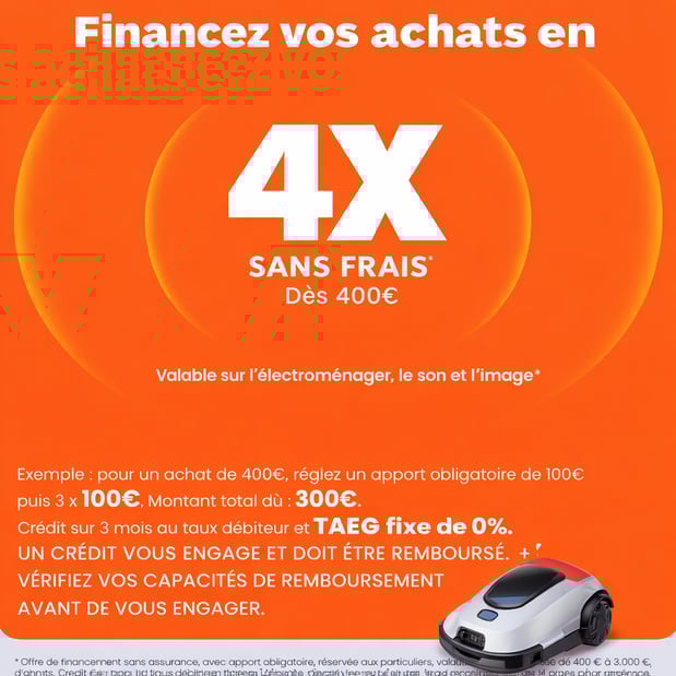 💸 Du 3 au 6 avril, financez vos achats en 4 fois sans frais dès 400 € !
Valable sur l’électroménager, le son et l’image.
🧡 Profitez‑en vite chez Boulanger La Roche‑sur‑Yon !