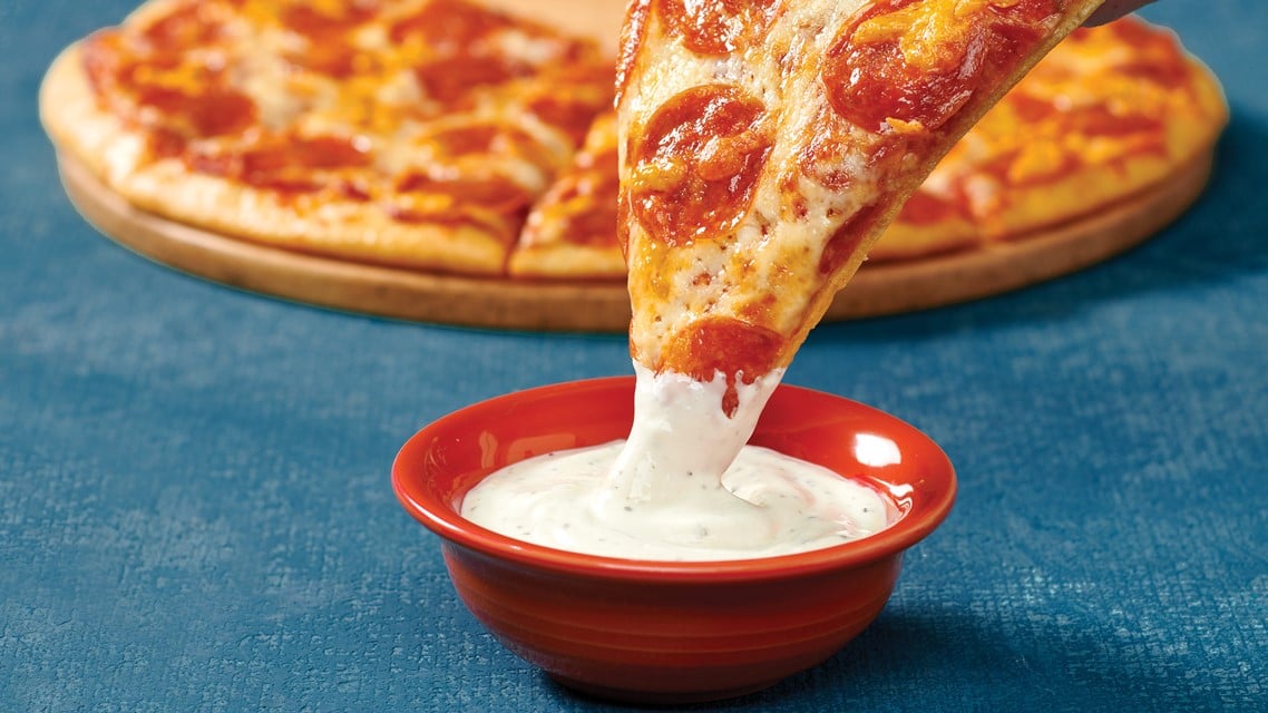creamy ranch dipping sauce with pepperoni take n bake pizza