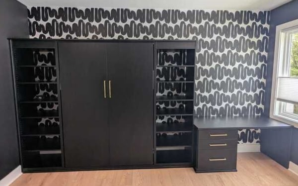 Wilmington - Wall bed- Modern wall unit with wall bed, shelving, and desk in a bold black finish.