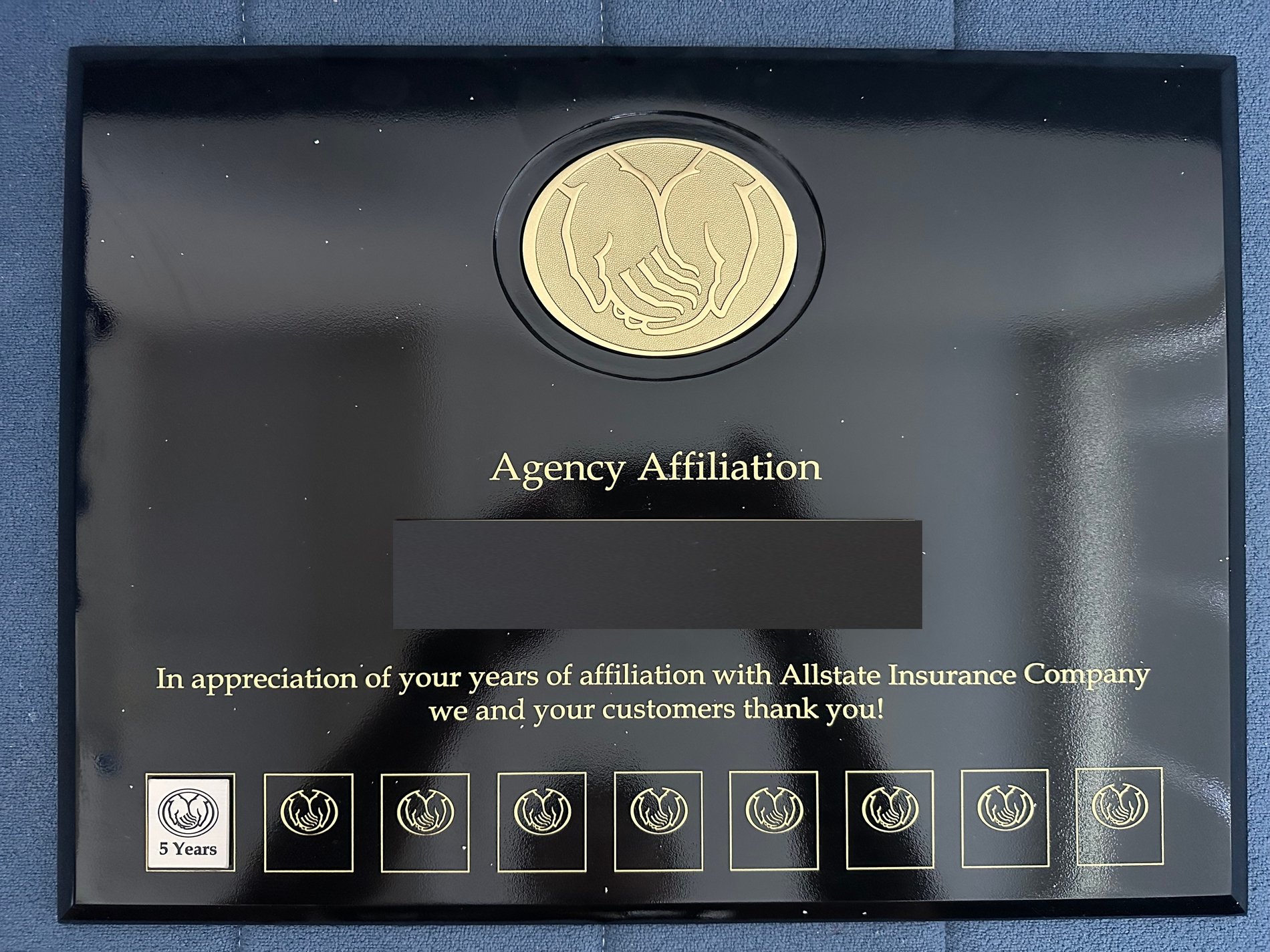 Image of affiliation plaque at Allstate. We've been representing Allstate for over 5 years.