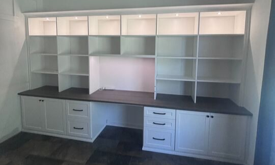 Virginia Beach - Custom closets - Expansive built-in desk and shelving system with overhead lighting.