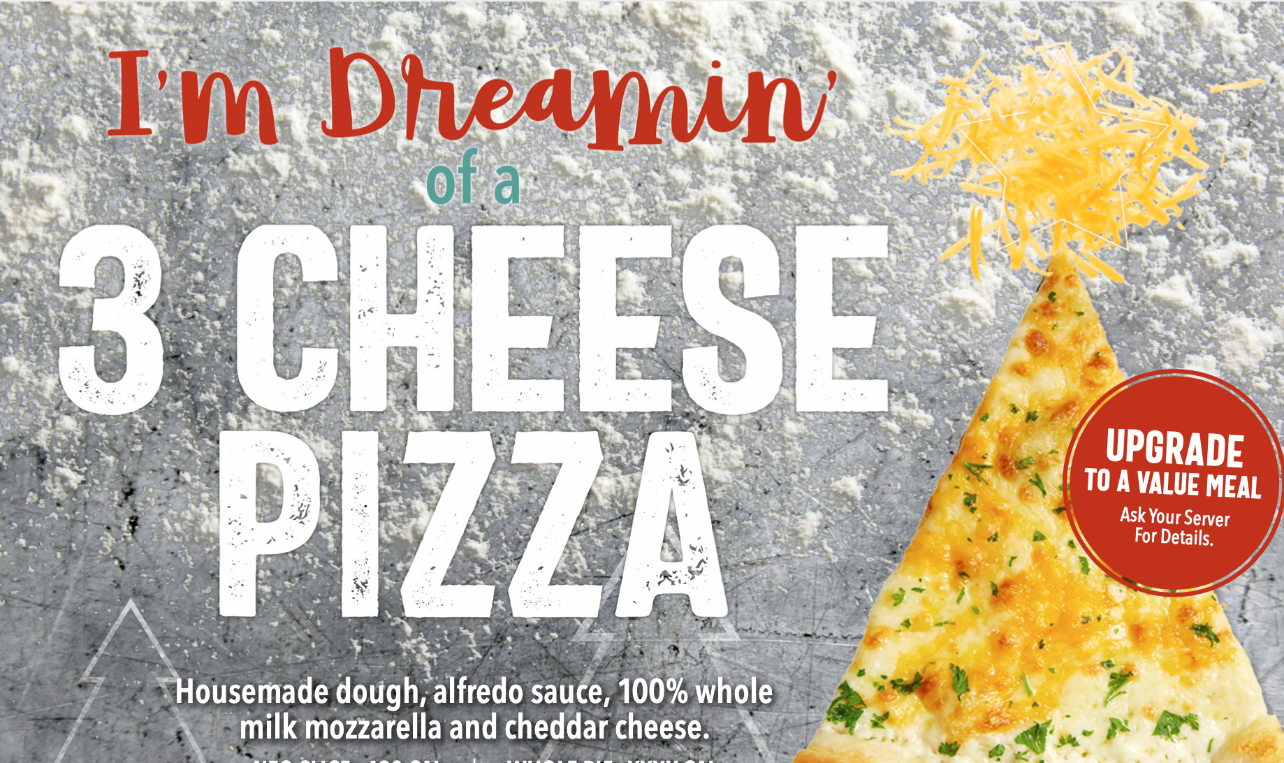 I’m Dreamin’ of a 3 Cheese Pizza menuboard artwork (pizza slice is upside down on a stick, to look like a xmas tree)