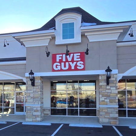 Exterior image of the Five Guys restaurant at 1056 Braselton Village Parkway in Braselton, Georgia.