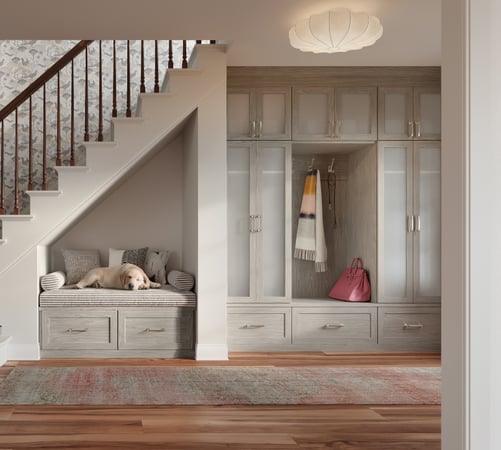 Custom Mudroom Entryway Built-In Storage Light Grey Wood Grain Cabinetry Glass Front Doors Bench Seating Drawer Storage Crown Molding by California Closets South Palm Beach Florida