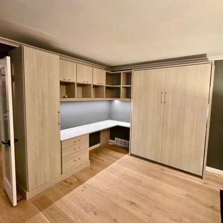 Wall bed with doors and shelves