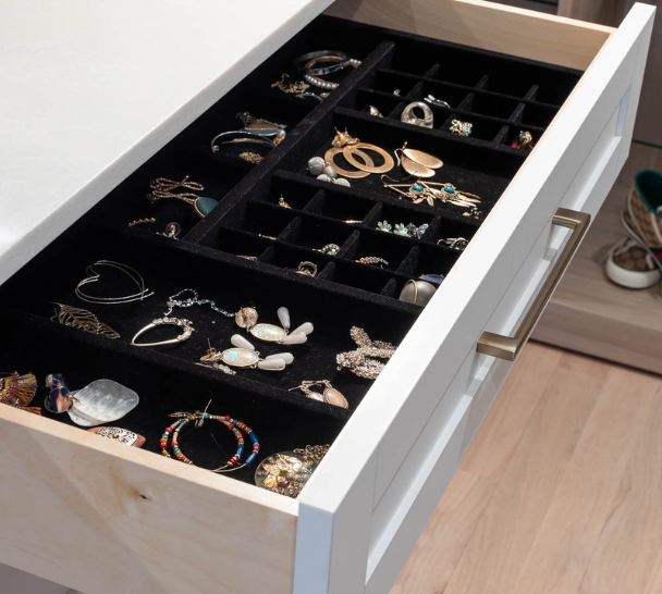 Img 7 California Closets Westchester County New York Two Toned White and Beige Large Walk-in Luxury Closet Glass Doors, Lighting, and a Custom Center Island with Custom Black Velvet Lined Jewelry Drawers