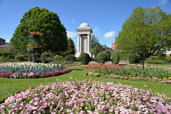 Flowers and monument at Vivary Park in Taunton