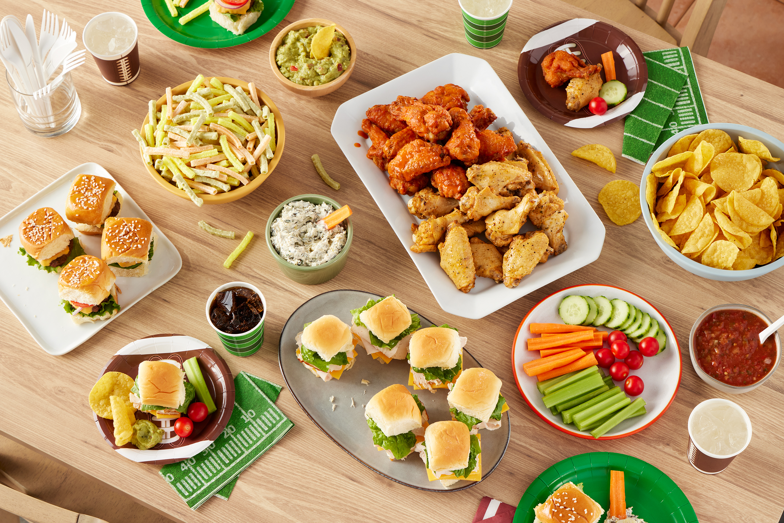 game day sliders chicken wings and side dishes