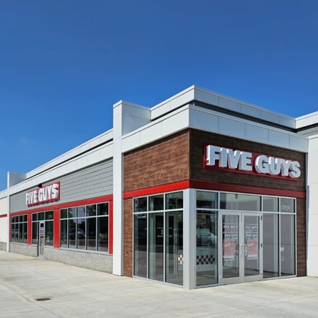 Exterior photograph of the Five Guys restaurant at 10010 171 Street Northwest in Emondton, Alberta, Canada.