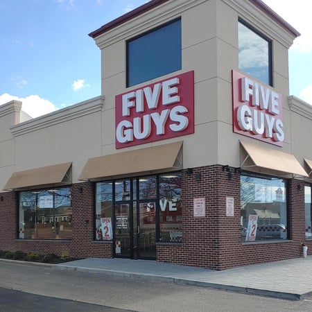 Exterior store front of the Five Guys at 2263 Broadhollow Rd. in Farmingdale, NY.