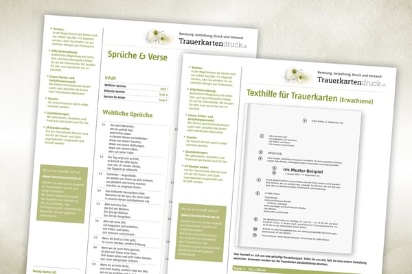 Wegleitungen und Texthilfen für Traueranzeigen und Danksagungen - Spross AG Trauerkartendruck, 8302 Kloten im Kanton Zürich
