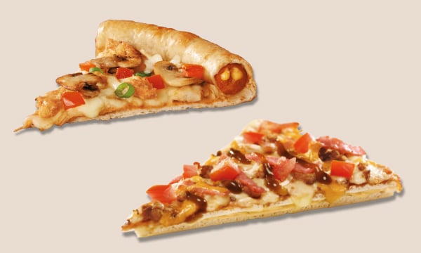 2 pizza slices showing different ways to customise your Debonairs Pizza base.