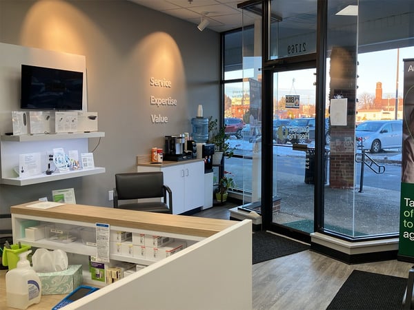 Interior photo of the entrance for AudioNova hearing clinic in Fairview Park, OH