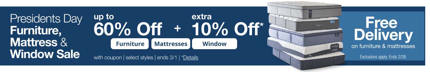 Save up to 60% off plus an extra 10% during JCPenney's Presidents Day Furniture, Mattress, & Window Sale