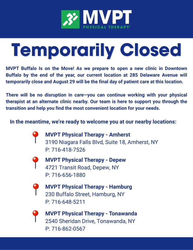 Graphic saying the MVPT - Buffalo NY clinic is temporarily closed and moving location by the end of the year 2025.