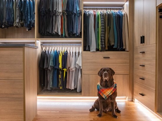 Walk-in closet and custom storage with LED lighting in natural woodgrain finish by California Closets