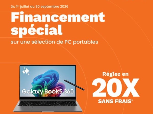 20 fois sans frais sur le PC sur une sélection de PC portable Samsung du 1er Juillet au 30 septembre 2026 dans votre magasin Boulanger sarcelles
