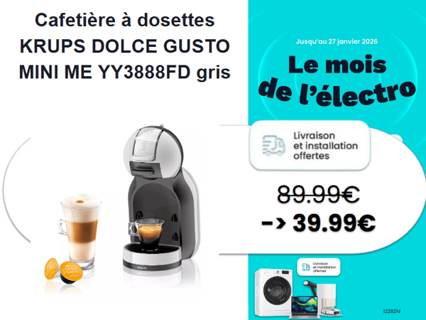 ☕ Cafetière à dosettes KRUPS DOLCE GUSTO MINI ME en offre spéciale chez Boulanger la roche sur yon à seulement 39,99 € ! Compacte et pratique, cette machine à dosettes grise vous permet de préparer des cafés, thés, chocolats et bien plus en un clin d’œil grâce à ses programmes automatiques et son système de pression haute pression de 15 bars. Idéale pour les petites cuisines ou les bureaux, elle s’adapte à tous vos moments caféine ! 💫