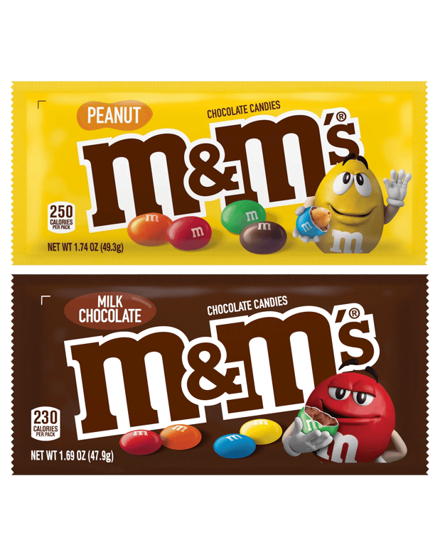 Yellow peanut m&m packet and brown dark chocolate m&m packet