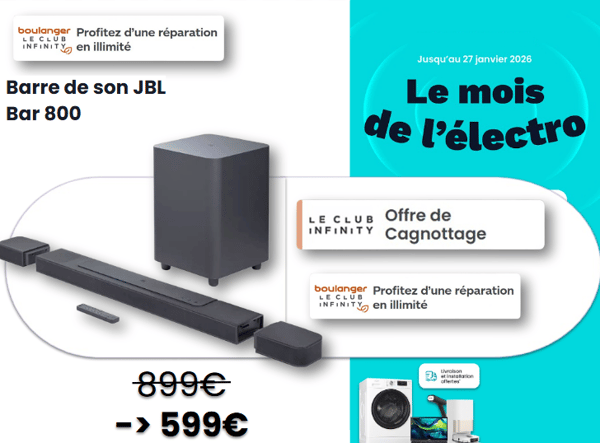 🎶 Profitez d’un son cinéma à la maison avec la barre de son JBL Bar 800 disponible en offre spéciale chez Boulanger la roche sur yon à 599 € (au lieu de 899 €) ! Dotée d’une puissance immersive 720 W RMS, de la technologie Dolby Atmos, d’un caisson de basses sans fil et d’enceintes surround détachables pour une expérience audio 5.1.2 sans fil, elle transforme votre salon en véritable salle de cinéma. Compatible Wi-Fi, Bluetooth, AirPlay, Chromecast et Amazon Music pour un son sans limite.