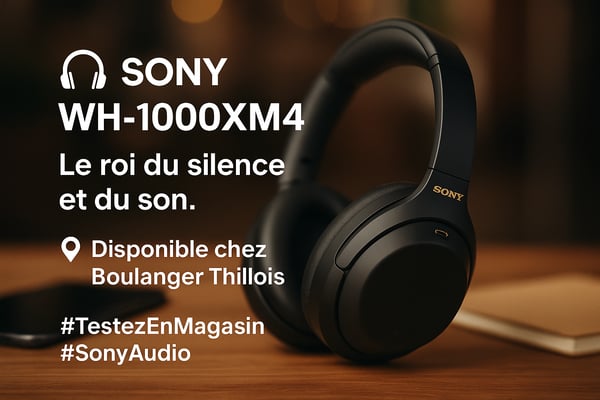 Sony WH-1000XM4	Casque Sony WH-1000XM4 pas cher	Casque Sony Boulanger REIMS
Casque sans fil Sony	Où acheter WH-1000XM4 à REIMS	Casque audio magasin Boulanger
Réduction de bruit Sony	Casque Sony pour télétravail ou voyage	Casque à tester à REIMS