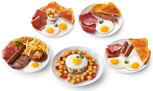 A group shot of five all-day breakfast meals next to each other. The meals include ingredients like scrambled eggs, hashbrowns, and smoked beef & eggs.