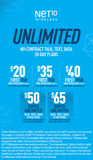 Net10 unlimited talk, text, data 30 day plans