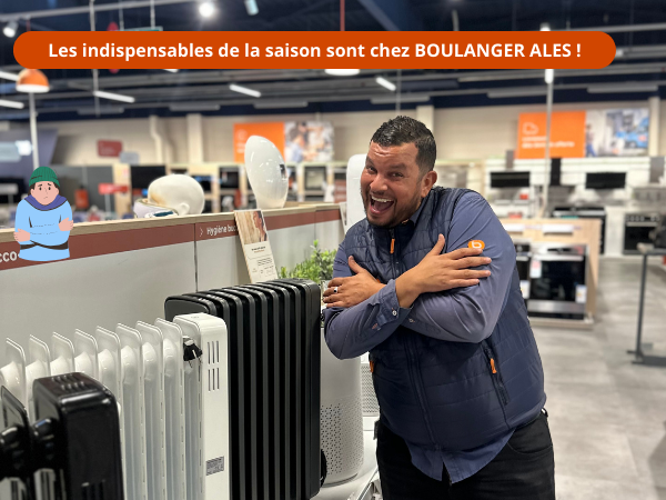 Chauffages disponibles chez Boulanger Alès, Quai du Mas d’Hours, 30100 Alès. Marques Rowenta, Delonghi, Dyson, Mill et EssentielB. Radiateurs à bain d’huile, chauffages soufflants, colonnes chauffantes et modèles connectés pour un confort optimal en hiver.