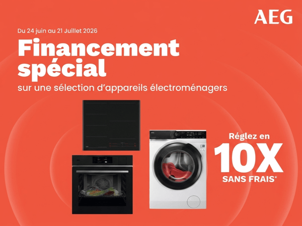 Offre de financement en 10 fois sans frais sur une sélection d’appareils électroménagers AEG en magasin Boulanger Chambéry.