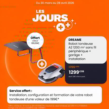 🌿 Les Jours ++ continuent chez Boulanger La Roche‑sur‑Yon !  
Du 30 mars au 28 avril, le robot tondeuse DREAME A2 est à 1299,99 € au lieu de 1799 €, avec garage et installation offerts !
💡 Le printemps commence avec un jardin impeccable… sans effort !