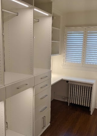 Richmond - Custom closets - White storage, racks, and drawers with a corner desk