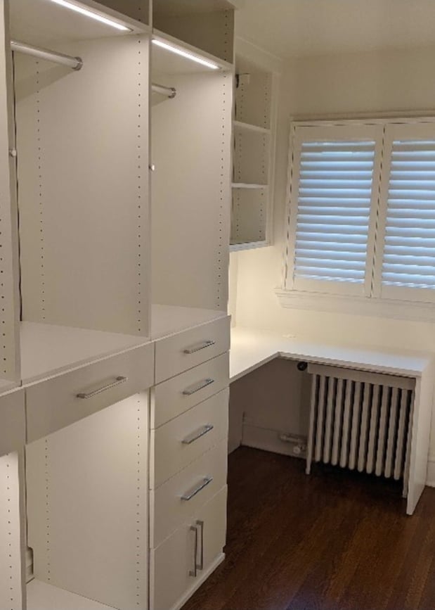 Richmond - Custom closets - White storage, racks, and drawers with a corner desk